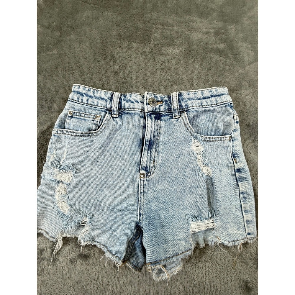 Justice Girls Size 14 Distressed Acid Wash Denim Shorts High Rise Raw Hem Blue